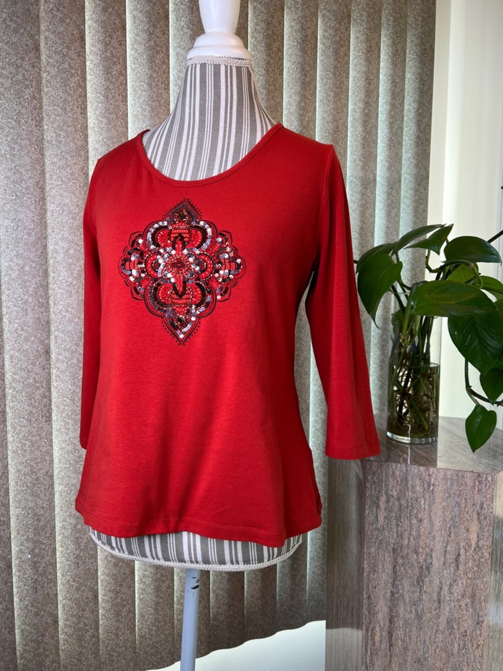 Laura Ashley Women's Rust Red Sequined Embellished Long-Sleeve Top S-PL